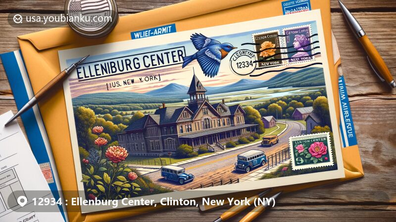 Modern illustration of Ellenburg Center, Clinton County, New York, showcasing rural charm, natural beauty, and postal theme with New York state symbols, including Eastern Bluebird and Rose, featuring ZIP code 12934.