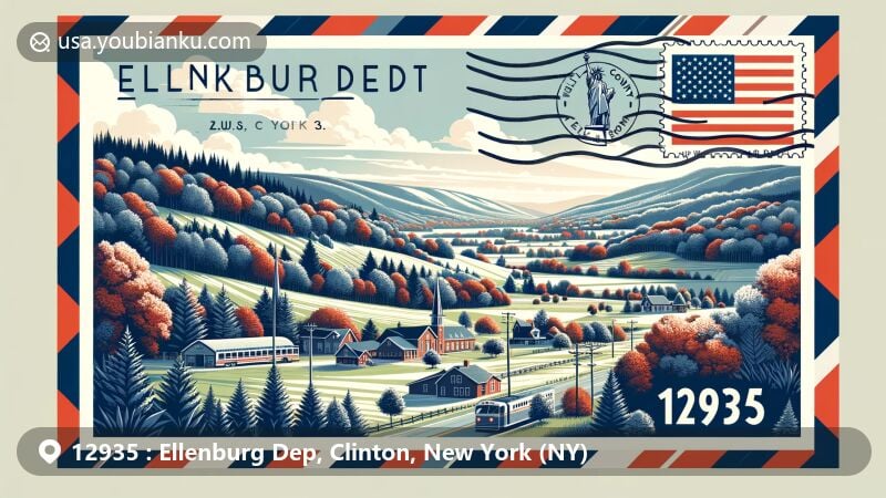Modern illustration of Ellenburg Depot, Clinton County, New York, featuring postal theme with ZIP code 12935, showcasing natural beauty, U.S. Route 11, and New York state flag.