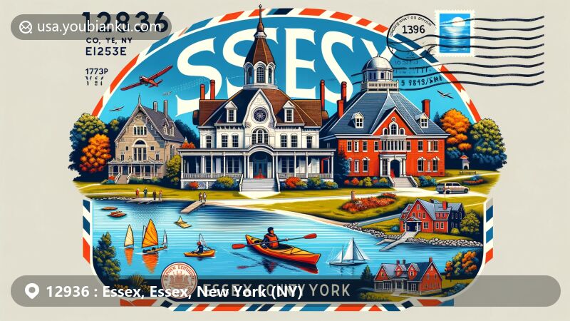 Modern illustration of Essex, Essex County, New York, with prominent ZIP code 12936, featuring Octagonal Schoolhouse, Greystone mansion, Noble Clemons House, Lake Champlain, and outdoor recreation symbols.