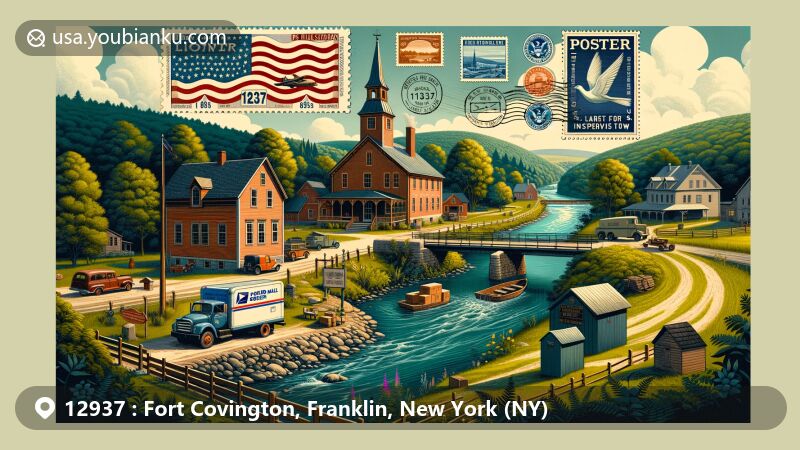 Modern illustration of Fort Covington, New York, highlighting rural scenery and historical significance, featuring Little Salmon River, War of 1812 blockhouse, U.S. Border Inspection Station, and postal theme with ZIP code 12937.
