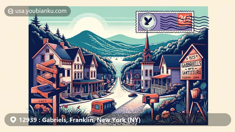 Modern illustration of Gabriels area in Franklin County, New York, blending Adirondack Park's natural beauty, cobblestone streets, and historical Gabriels Sanatorium silhouette, featuring postal design elements with ZIP code 12939, New York state flag, and USPS symbols.
