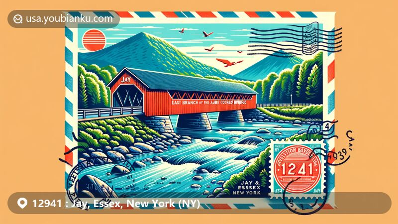 Modern illustration of Jay Covered Bridge in Jay, Essex, New York, showcasing postal theme with ZIP code 12941, featuring Adirondack mountains and vibrant postcard design.