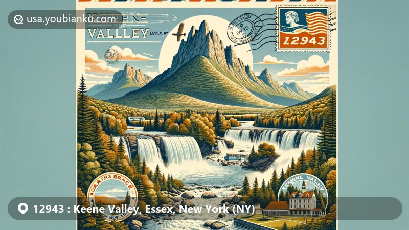 Modern illustration of Keene Valley, Essex, New York, featuring Adirondack Mountains, Roaring Brook Falls, Beaver Meadow Falls, Indian Head Vista, vintage airmail envelope with stamp, highlighting Mount Marcy, ZIP code 12943, and postal elements.