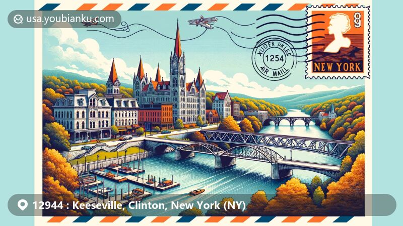 Vibrant illustration of Keeseville, NY, showcasing postal theme with ZIP Code 12944, incorporating Italianate, Gothic Revival, and Classical Revival architecture, featuring iconic bridges and New York state flag.