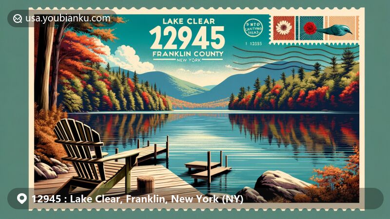 Modern illustration of Lake Clear, Franklin County, New York, capturing the serene beauty of the area with reflections of autumn foliage in the tranquil waters, featuring an inviting Adirondack chair and postal theme with ZIP code 12945.