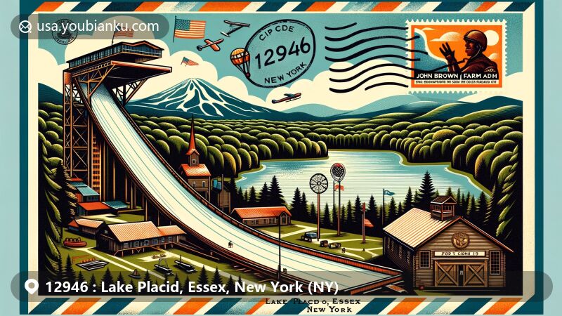 Modern illustration of Lake Placid, Essex, New York (NY), showcasing Olympic Ski Jump Complex, Mount Jo or Mirror Lake's natural beauty, John Brown Farm State Historic Site, and postal elements like vintage postmark, New York State flag stamp, and ZIP code 12946.
