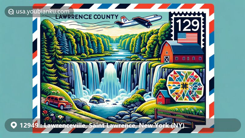 Modern illustration of Lawrenceville, Saint Lawrence County, New York, featuring iconic waterfalls and barn quilt trail, set within an airmail envelope showcasing ZIP code 12949.