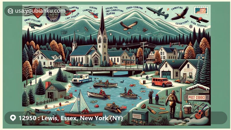 Modern illustration of Lewis, Essex County, New York, featuring ZIP code 12950, set against the backdrop of the Adirondack Mountains, with elements of town's history, recreational activities, and annual events.