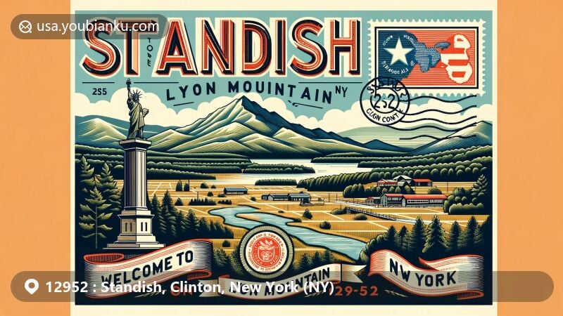 Modern illustration of Standish and Lyon Mountain, Clinton County, New York, featuring Adirondack mountains backdrop, Lyon Mountain depiction, Clinton County map outline, vintage postage stamp with New York state flag, and postmark showing 'Standish, NY 12952'. Banner reads 'Welcome to Standish & Lyon Mountain, NY - ZIP code 12952'.