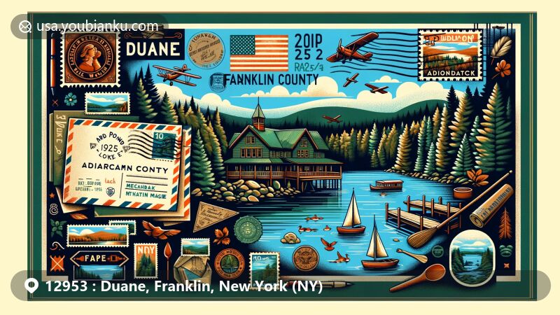 Modern illustration of Duane, Franklin County, New York, featuring postcard theme with Debar Pond Lodge and Meacham Lake in Adirondack Forest Preserve, surrounded by vintage postal elements and showcasing ZIP Code 12953, New York State flag, and Franklin County silhouette.