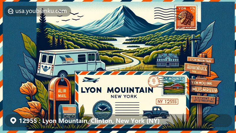 Modern illustration of Lyon Mountain, Clinton County, New York, showcasing postal theme with NY ZIP code 12955, featuring Adirondack Park's natural beauty, Lyon Mountain silhouette, and Lyon Mountain Mining and Railroad Museum.