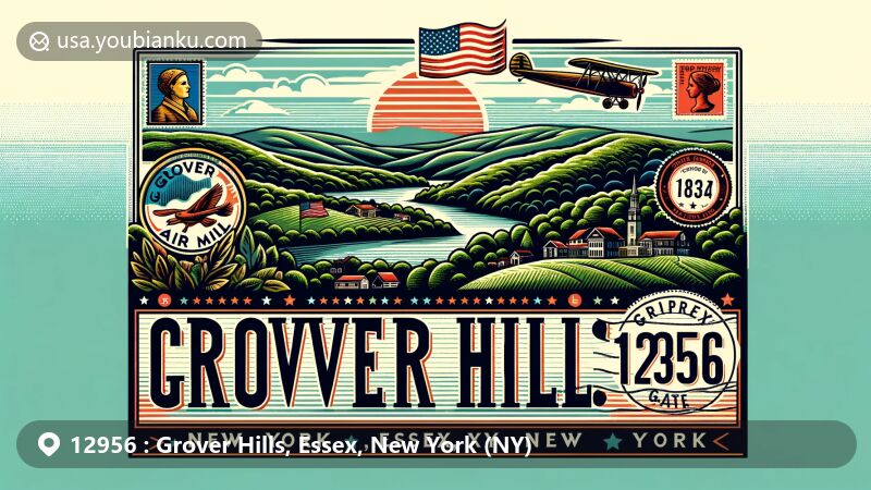 Modern illustration of Grover Hills, Essex, New York, showcasing diverse topography with average elevation of 1,033 feet, state symbols, and vintage postal elements for ZIP code 12956.