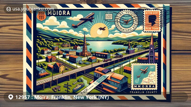 Modern illustration of Moira, Franklin County, New York, showcasing postal theme with ZIP code 12957, featuring landscape, U.S. Route 11 and New York State Route 95 intersection, and symbols of community spirit.
