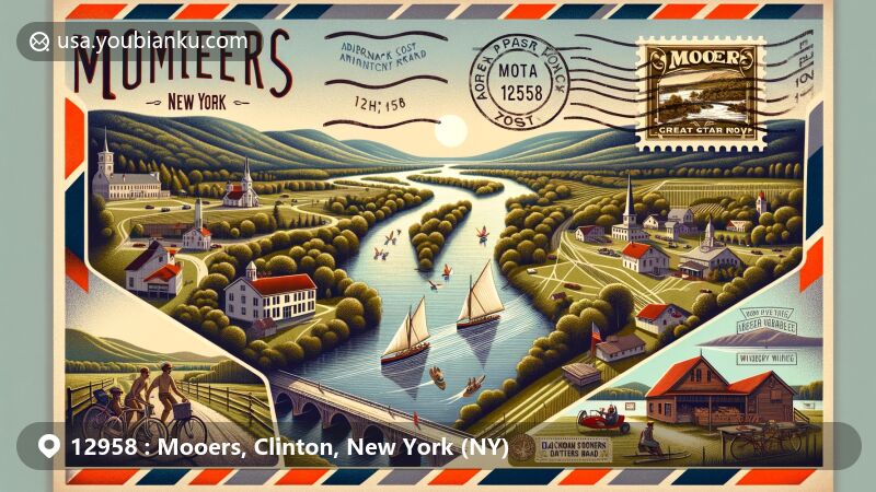 Modern illustration of Mooers, NY 12958, portraying the Great Chazy River and rural bridge, vintage postal elements with ZIP code and postal heritage, Stonehouse Vineyard, and outdoor activities on Adirondack Coast.