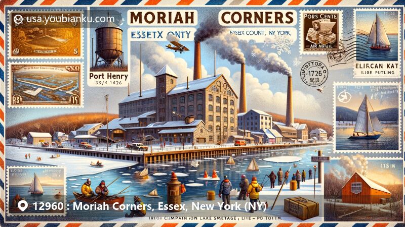 Modern illustration of Moriah Corners, Essex County, New York, showcasing rich history of iron mining and smelting, highlighting Port Henry on Lake Champlain as key point for iron transportation, featuring Iron Center Museum. Background depicts significance of Lake Champlain, possibly including winter ice fishing, representing local culture. Includes postal elements like vintage airmail envelope, stamp, and postmark with '12960' ZIP code and date. Scene vividly blends modern and historical aspects of Moriah Corners, combining natural beauty and industrial heritage in a style suitable for web usage, captivating viewers.