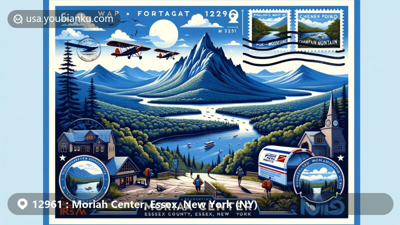 Modern illustration of Moriah Center, Essex County, New York, featuring postal theme with ZIP code 12961, showcasing Adirondack Mountains and popular hiking destinations like Pok-O-Moonshine Mountain and Split Rock Mountain.