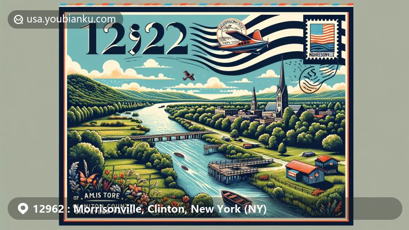 Modern illustration of Morrisonville, Clinton County, New York, showcasing the Saranac River and local geography, featuring the state flag and postal elements with ZIP code 12962.