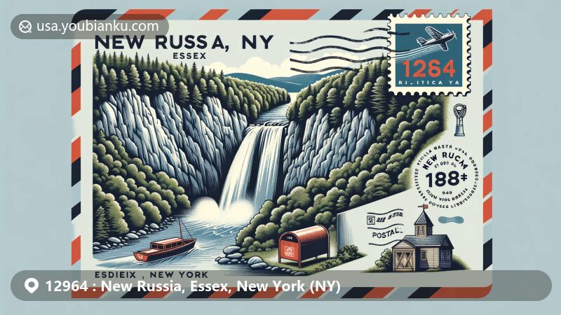 Modern illustration of New Russia, Essex, New York, showcasing Split Rock Falls, a scenic landmark, surrounded by Adirondack Mountains, vintage air mail elements, and classic postal symbols.