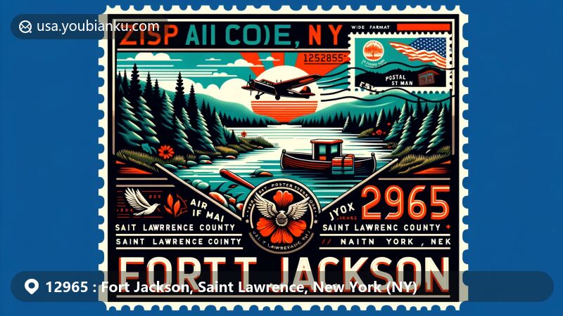 Modern illustration showcasing Fort Jackson, Saint Lawrence County, NY with ZIP code 12965, featuring rural landscape, vintage air mail envelope, and New York State symbols.