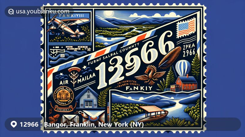 Modern illustration of Bangor, Franklin, New York, featuring a creative airmail envelope design with postal elements, showcasing ZIP code 12966 and iconic symbols like Little Salmon River, local flora, and Welsh cultural symbols.
