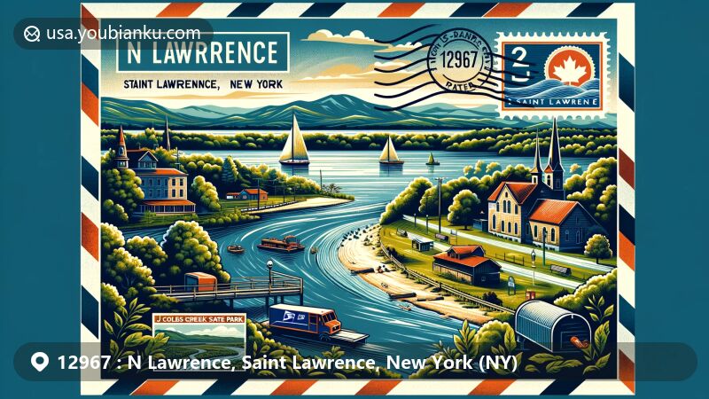 Modern illustration of N Lawrence, Saint Lawrence County, New York, showcasing natural beauty of Coles Creek State Park, Jacques Cartier State Park, and Robert Moses State Park, combined with postal heritage of 12967 area, including air mail elements and postal symbols.