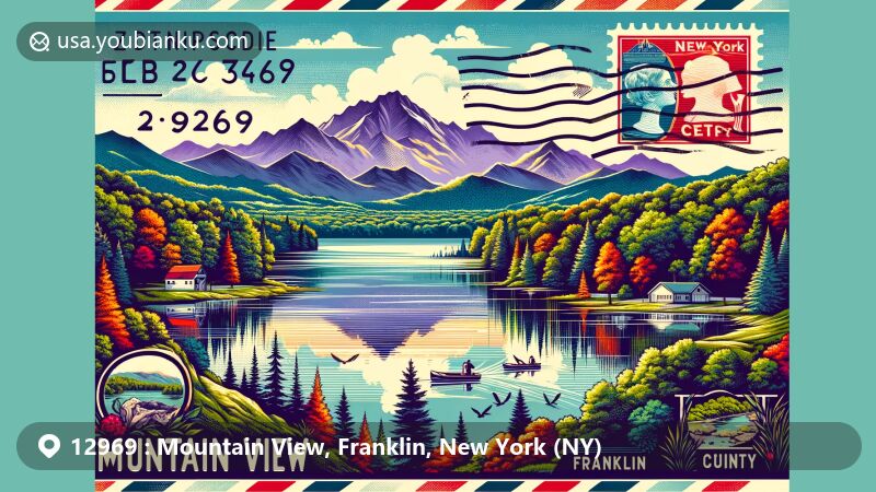 Modern illustration of Mountain View, Franklin County, New York, highlighting Adirondack Mountains, lush forests, and majestic peaks, with vintage postal theme showcasing ZIP code 12969 and New York state symbols.