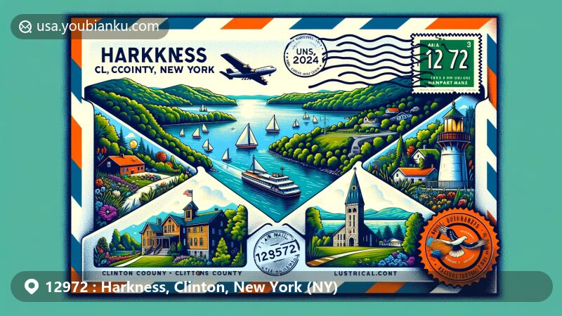 Modern illustration of Harkness area in Clinton County, New York, with postal theme featuring ZIP code 12972, showcasing Valcour Island, Ausable Chasm, and lush landscapes, blending maritime heritage and natural beauty.