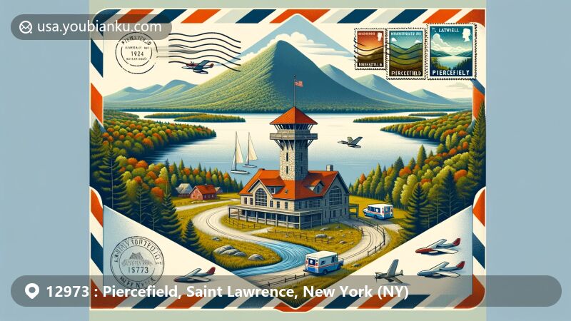 Modern illustration of Piercefield, New York, showcasing natural beauty and postal elements, featuring iconic Arab Mountain Fire Observation Station, Raquette River, Tupper Lake, Mount Matumbla, and creative postal motifs like airmail envelope-inspired layout, Piercefield-themed stamps, 'Piercefield, NY 12973' postmark, and strategically placed postal vehicles or mailboxes.