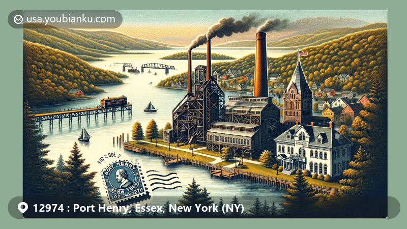 Vintage postcard illustration of Port Henry, Essex County, New York, showcasing iron ore mining history, Lake Champlain shoreline, and historic landmarks like Delaware & Hudson Railroad Depot and Mount Moriah Presbyterian Church.