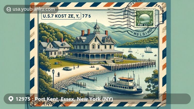Modern illustration of Port Kent, New York, showcasing Elkanah Watson House, Port Kent Beach with views of the Green Mountains in Vermont and Lake Champlain, and seasonal ferry service to Burlington, Vermont. Depicts the natural beauty and recreational attractions of the area in a retro airmail envelope with stamp featuring Elkanah Watson House and postmark 'Port Kent, NY 12975', along with a ferry motif.