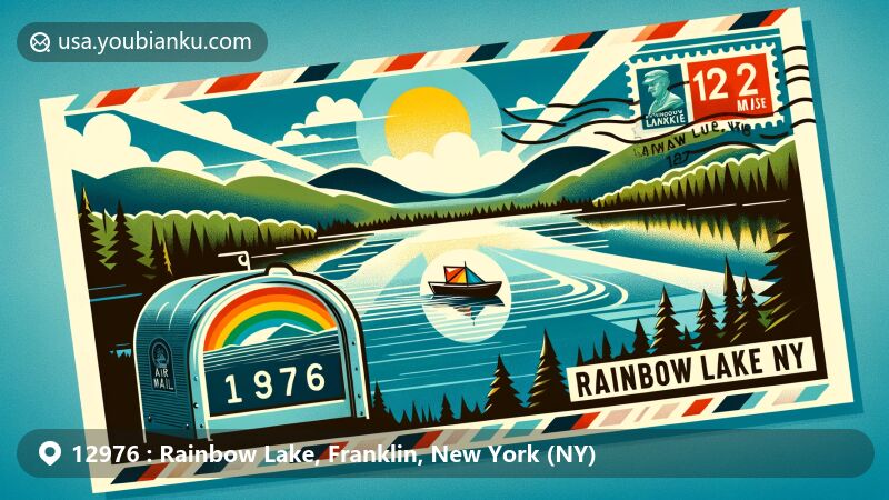 Modern illustration of Rainbow Lake in the Adirondack Mountains, NY, surrounded by lush forests and mountains, featuring a postal theme with ZIP code 12976 and 'Rainbow Lake, NY'. The serene lake reflects the sky and landscape. A stylized postal element in the foreground showcases a postage stamp with a boat on the lake, symbolizing leisure and natural beauty.