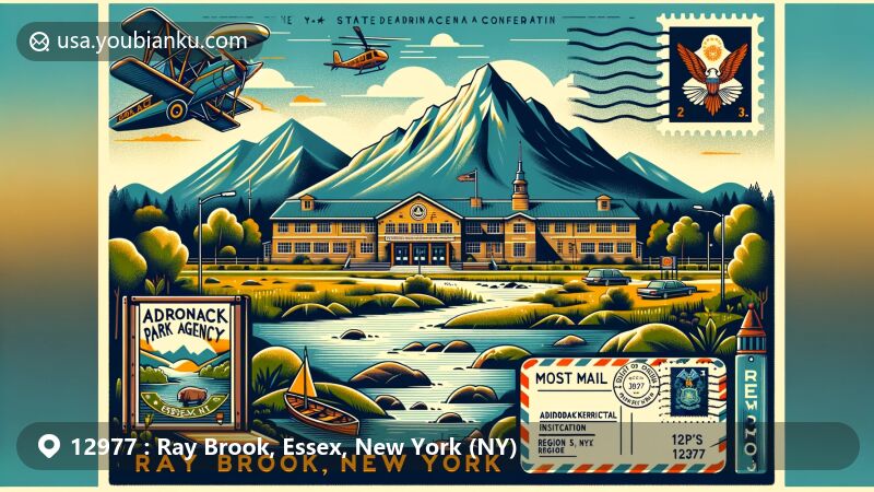 Modern illustration of Ray Brook, Essex, New York, featuring postal theme with ZIP code 12977, showcasing Adirondack Park Agency and NY State Dept of Environmental Conservation Region 5, with Scarface Mountain and correctional facilities symbols.