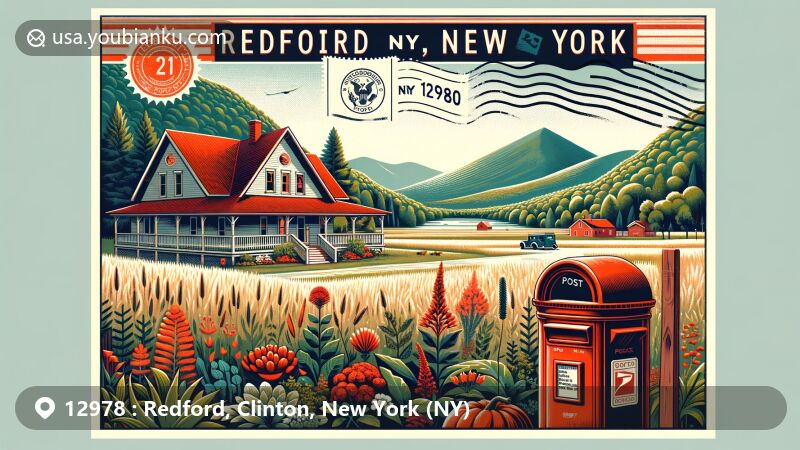 Modern illustration of Redford, Clinton County, New York, showcasing historic post office with Adirondack Mountain backdrop, vibrant local flora, and vintage postal elements.