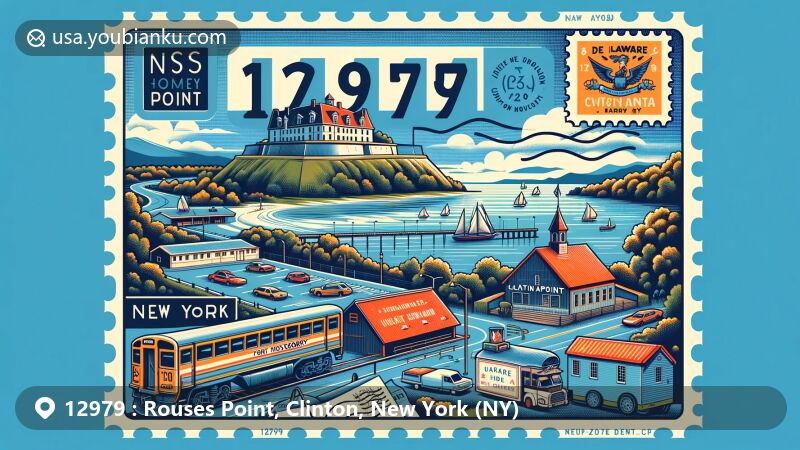 Modern illustration of Rouses Point, Clinton County, New York, featuring Fort Montgomery, Delaware and Hudson Railroad Station, tranquil Lake Champlain, postal theme with ZIP code 12979, and Rouses Point Civic Center ice arena.