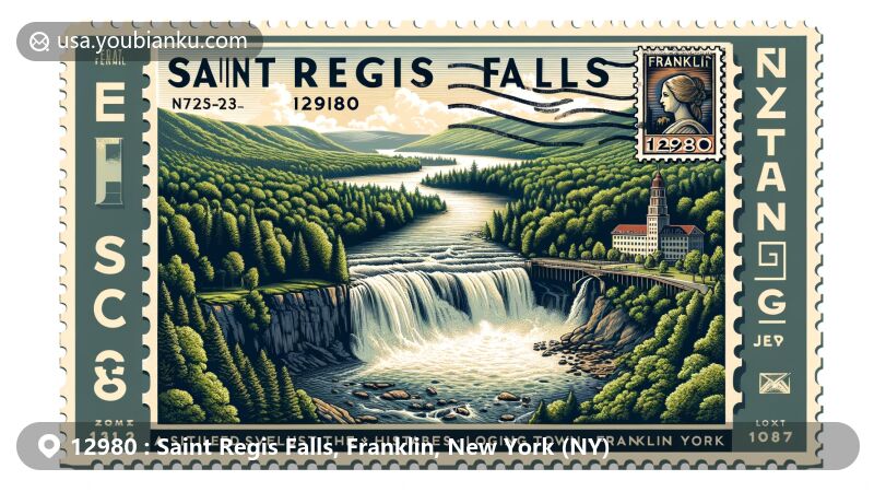Modern illustration of Saint Regis Falls, Franklin County, New York, highlighting postal theme with ZIP code 12980, showcasing Adirondack northern foothills' lush forests and scenic views, depicting charm of the falls, outdoor activities, and serene natural environment.