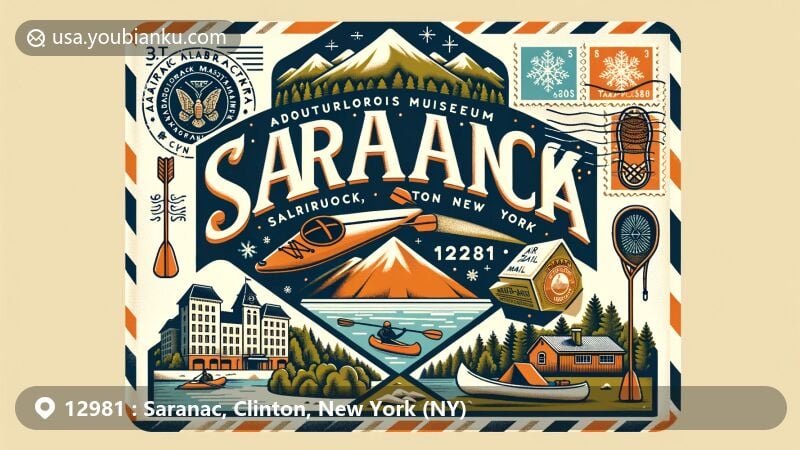 Modern illustration of Saranac, Clinton County, New York, featuring postal theme with ZIP code 12981, showcasing Adirondack Mountains, Saranac Laboratory Museum, snowshoeing, and paddling activities.