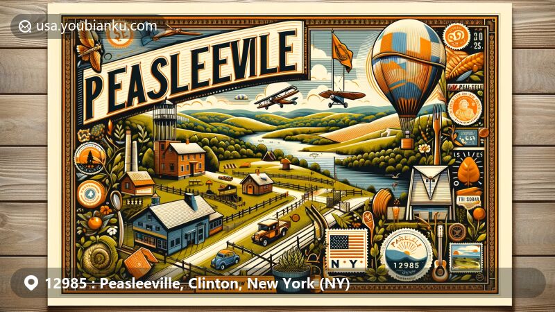 Modern illustration of Peasleeville, Clinton County, New York (NY), featuring vintage air mail theme with ZIP code 12985, showcasing local landmarks and postal elements.