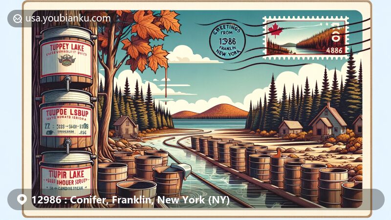 Modern illustration of Tupper Lake and surrounding areas in Conifer, Franklin, New York, capturing the maple syrup heritage with a picturesque sugar bush scene and Adirondack mountain backdrop.