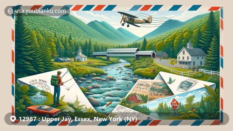 Modern illustration of Upper Jay, New York, showcasing postal theme with ZIP code 12987, featuring Jay Covered Bridge, Adirondack Mountain Coffee Cafe, and Sugar House Creamery.
