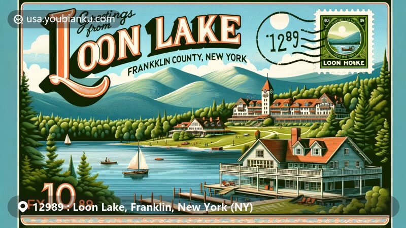 Sophisticated illustration of Loon Lake, NY 12989, featuring historic Loon Lake House resort, picturesque scenery of the Adirondack mountains, and a vintage postcard design with a classic postal stamp symbolizing the region's postal history.