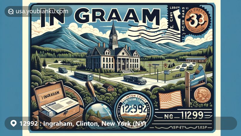 Modern illustration of Ingraham, Clinton County, New York, featuring Adirondack Mountains' natural beauty and local landmark Clinton County Courthouse Complex, integrating postal theme with vintage stamp, 'Ingraham, NY 12992' mark, and illustrative mail vehicle.