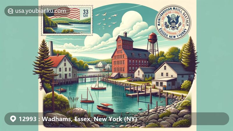 Modern illustration of Wadhams, Essex, New York (NY), capturing natural beauty of Boquet River and historic Homeport building, with 19th-century postal village showcasing postal theme and ZIP code 12993, integrating modern postal elements and hinting at regional background.