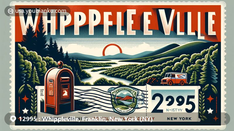 Whimsical illustration of Whippleville, Franklin County, New York, showcasing vintage postal theme with ZIP code 12995, featuring picturesque New York natural scenery and iconic postal symbols.