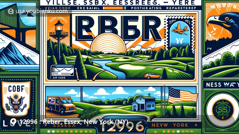 现代插图描绘了纽约州埃塞克斯县Reber地区，邮政编码12996。作品融合地域特色、高尔夫球场元素和自然美景，以邮政主题展现。包括绿色景观、邮件信封、纽约州轮廓等元素，突出12996邮编和Reber地区名称。