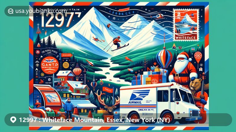 Modern illustration of Whiteface Mountain area in Essex County, New York, featuring skiing activities and postal theme with ZIP code 12997, incorporating Santa's Workshop elements in the background.