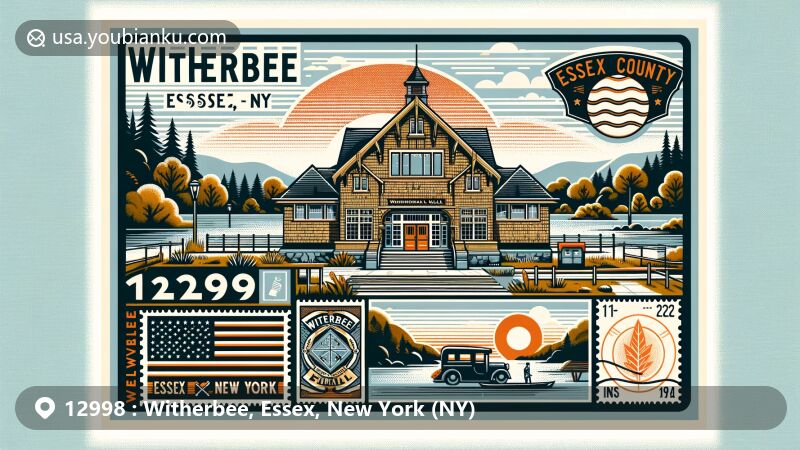 Modern illustration of Witherbee, Essex, NY, featuring historic Witherbee Memorial Hall and postal elements in vintage postcard style, highlighting mining heritage and local geography.