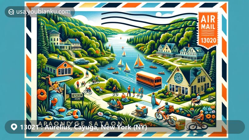 Modern illustration of Aurelius, Cayuga, New York, depicting scenic beauty of Cayuga Lake, featuring historical elements like Sullivan Expedition and town formation, postal theme with ZIP code 13021, stamp, and postmark.