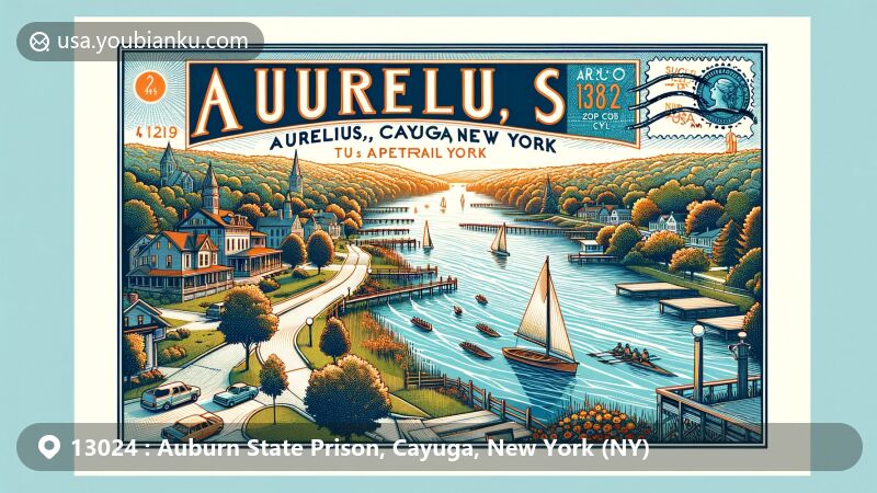 Illustration of Auburn State Prison in Cayuga, New York, featuring 'Copper John' statue and elements of the 'Auburn System' like enforced silence, striped uniforms, and single-person cells, with vintage air mail envelope background.