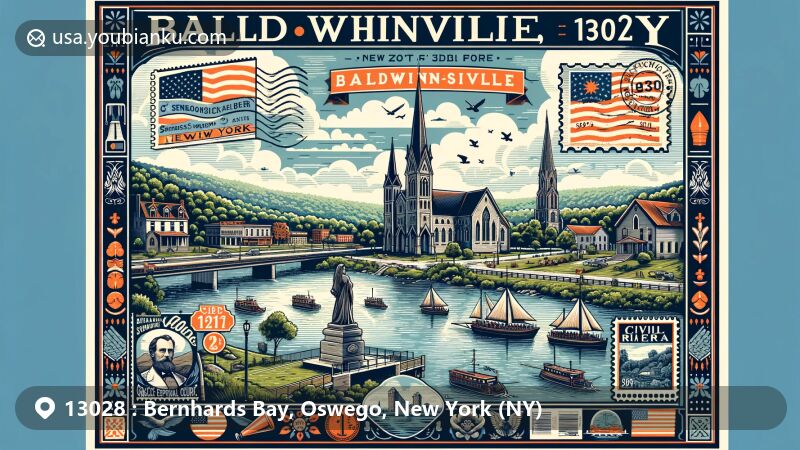 Modern illustration of Bernhards Bay, Oswego County, New York, featuring serene views of Oneida Lake and fishing elements, integrated with postal theme and ZIP code 13028.