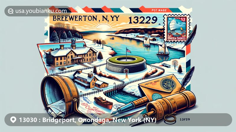 Modern illustration of Bridgeport, New York, showcasing postal theme with ZIP code 13030, featuring Chittenango Creek, Oneida Lake, and the blend of natural beauty with infrastructure.